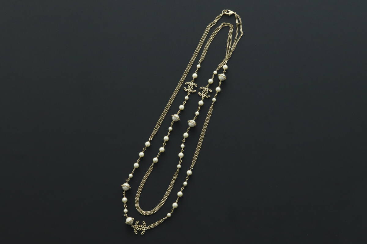 LCIQ6-3-12 CHANEL シャネル ネックレス B16 B ココマーク パール チェーン ロング 2連 アクセサリー 約76g レディース ゴールド 美品_画像9