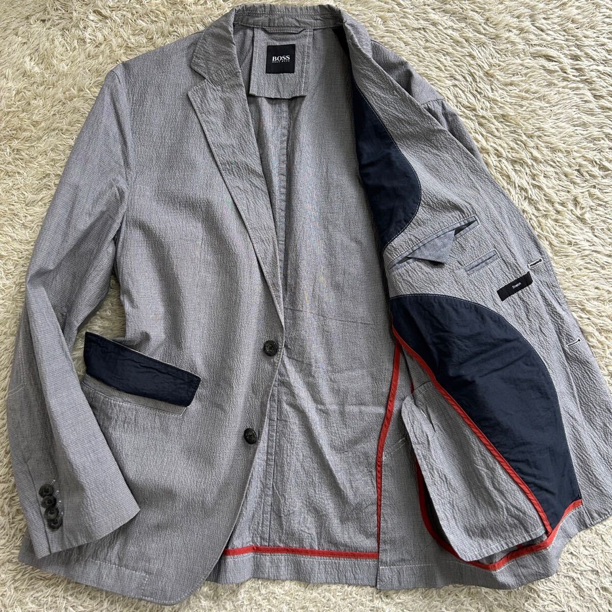 極美品 稀少50/XLサイズ!! ヒューゴボス HUGO BOSS テーラードジャケット ストレッチ 裏地レッドパイピング 現行タグ 伸縮性 グレー メンズ_画像1