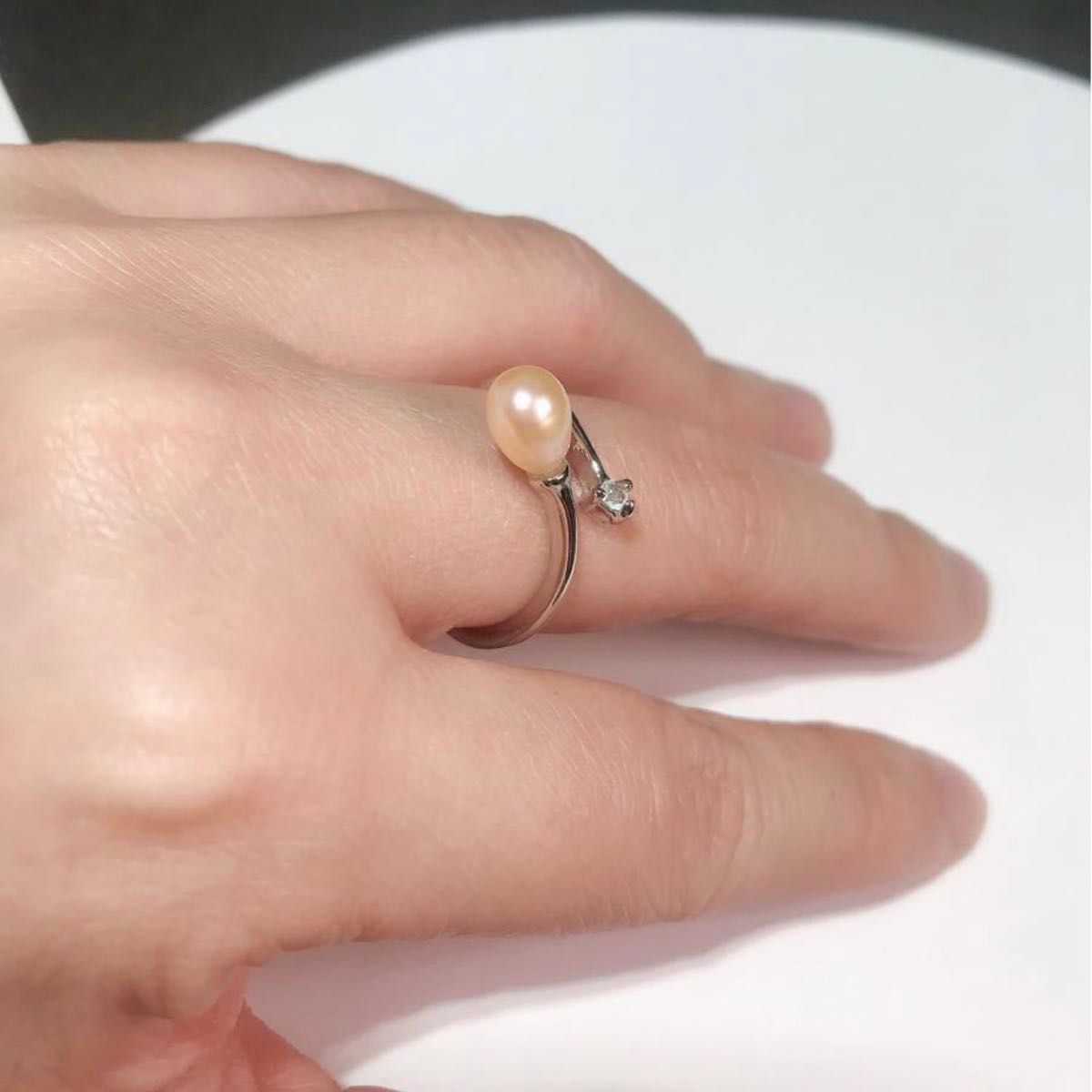 5A本真珠 天然 淡水パール czダイヤモンド 7mm ライス型 真珠 指輪 リング 925シルバー 淡水真珠 オレンジ
