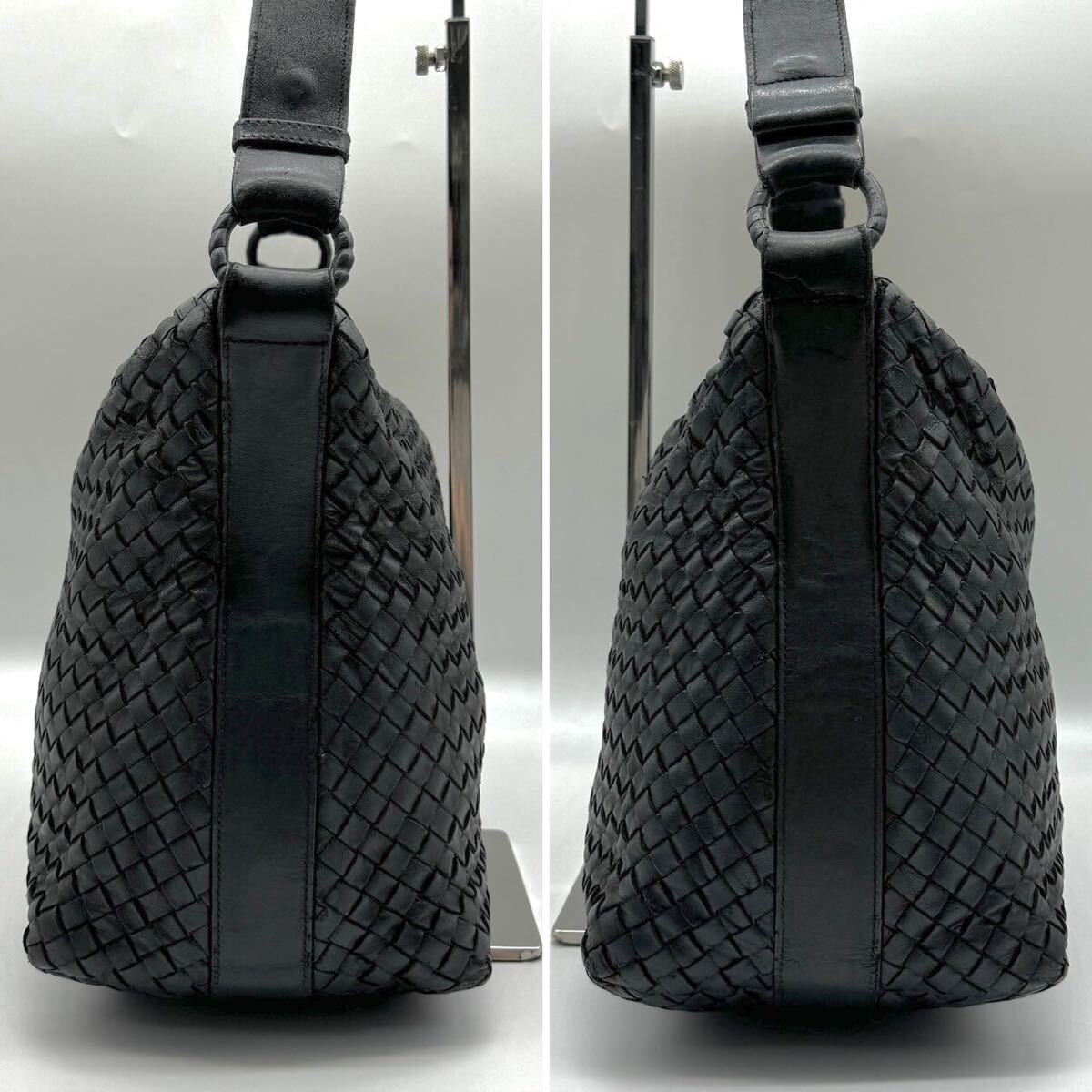 1992 入手困難モデル ● BOTTEGA VENETA ボッテガヴェネタ ショルダーバッグ ワンショルダー イントレチャート レザー ブラック肩掛け可 黒_画像4