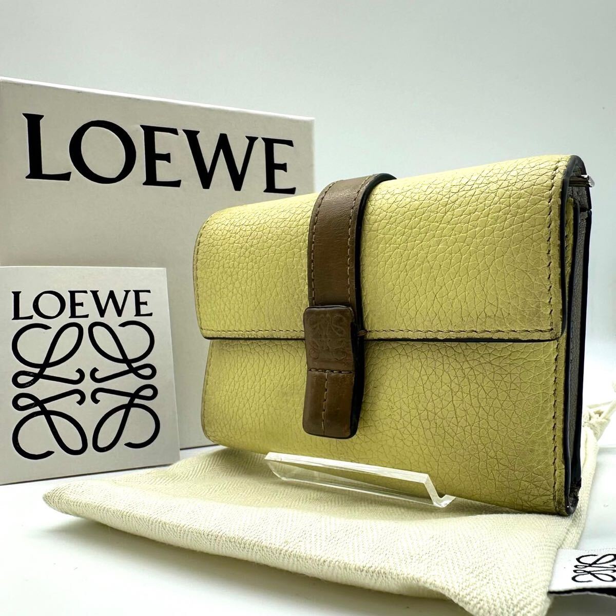 1991現行付属品完備 ● LOEWE ロエベ バーティカルウォレット 折り財布 コンパクトウォレット カードケース コイン アナグラム レザー 本革_画像1