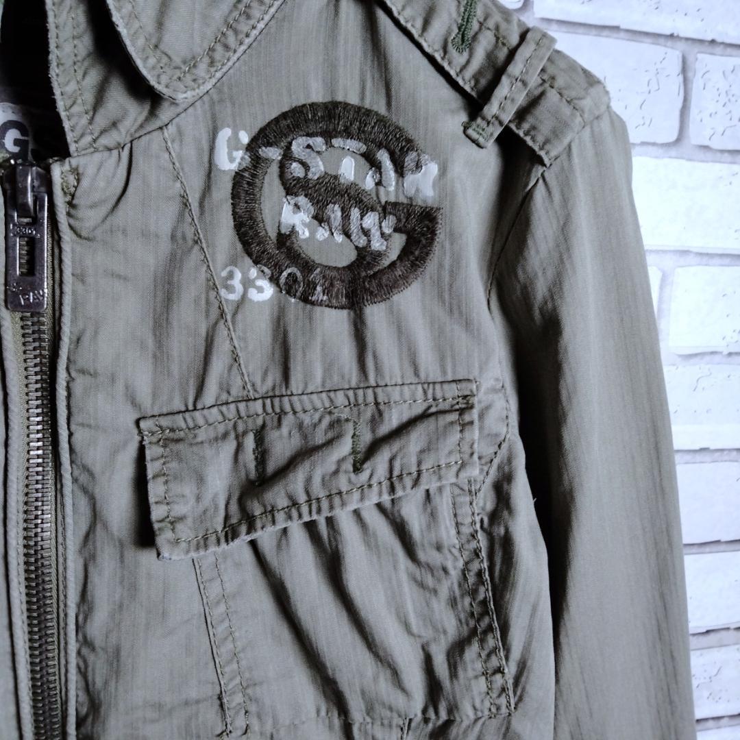 G-STAR RAW☆ジースターロゥ　ミリタリー　ジャンパー　ブルゾン　ジャケット　ロゴ刺繍　プリント　肘あて付き　薄手　ショート丈　緑系