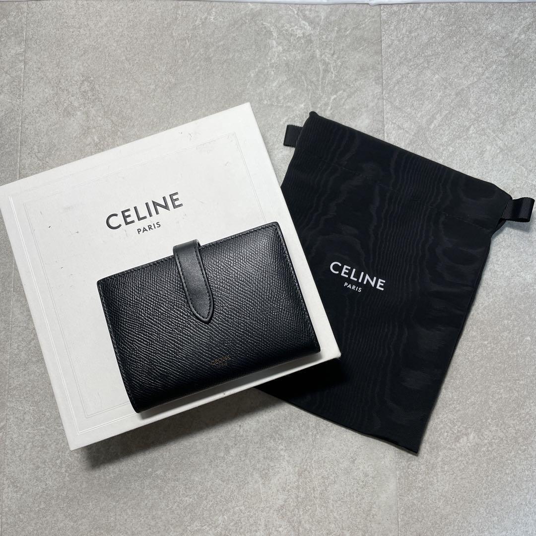 【美品】CELINE/セリーヌ ミディアム ストラップ 二つ折り財布 ブラック