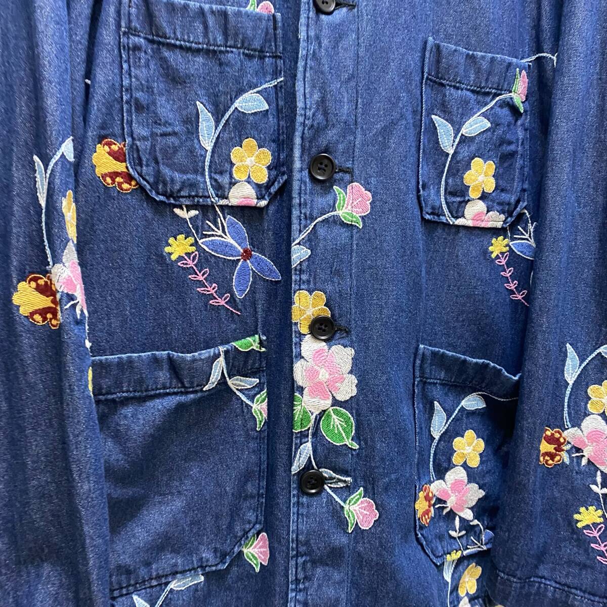  Engineered Garments Floral Embroidery Denim Work Jacket 花柄 デニム ワークジャケット カバーオール インディゴ【代官山03】_画像4