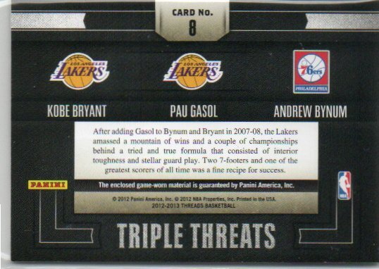 【Kobe Bryant / Pau Gasol / Andrew Bynum】 2012-2013 Panini Threads Triple Threats Triple Jersey_画像2