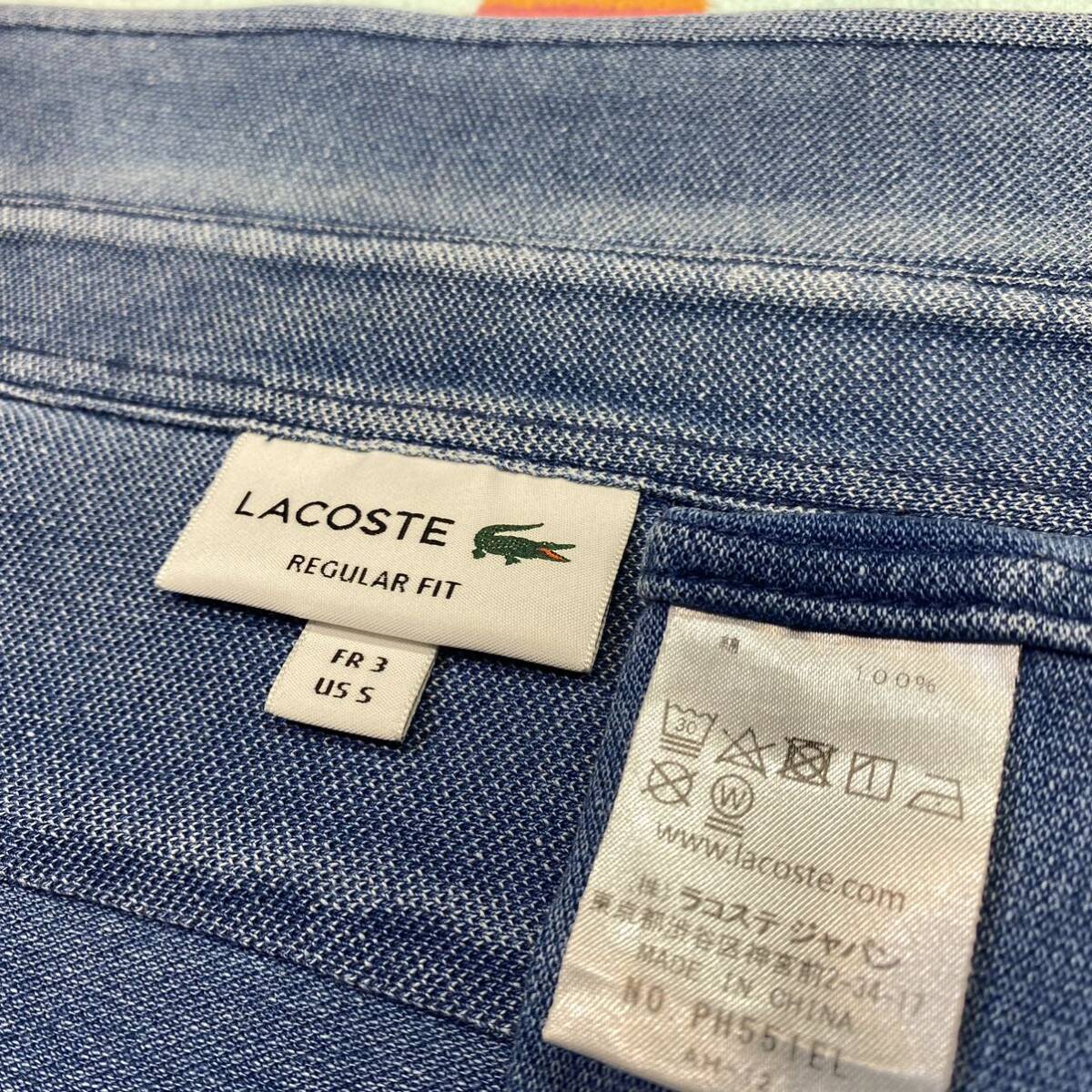 逸品!本インディゴ染め色相良好クリーニング済LACOSTEラコステ ジャパンPH551ELインディゴ ピケ ダンガリー ボタンダウンBD長袖ポロシャツ3_襟裏シミ無綺麗REGULAR FIT ジャパン正規品