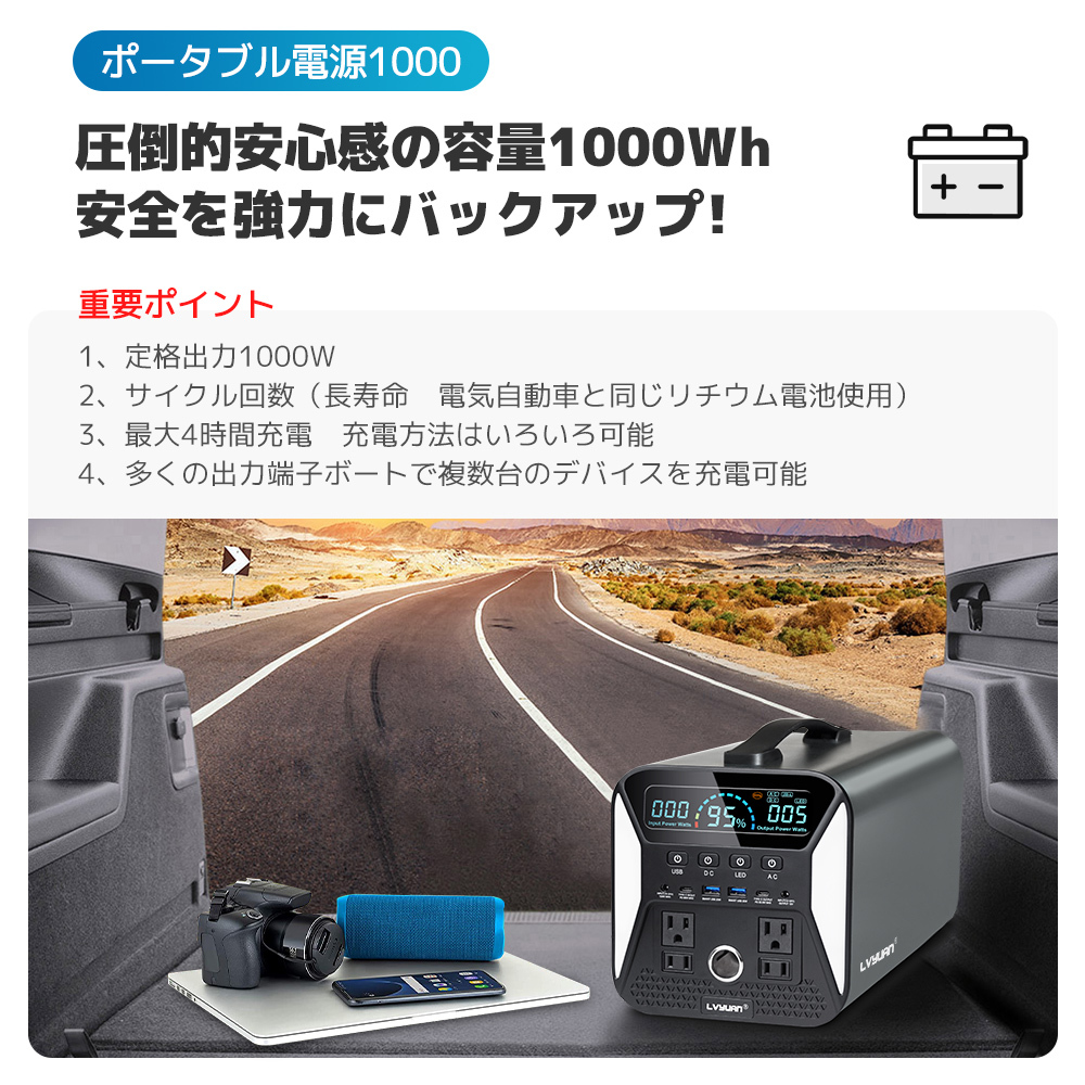 新品 1円スタート 1000W ポータブル電源 大容量 LiFePO4（リン酸鉄リチウム）電池 320000mAh/1000Wh 純正弦波 50Hz/60Hz PSE認証済 LVYUANの画像4