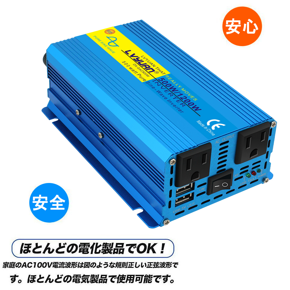 新品 インバーター 正弦波 12V 500W 最大 1200W DC12V AC100V カーインバーター キャンプ 車中泊グッズ アウトドア 自動車 災害対策 LVYUAN_画像3