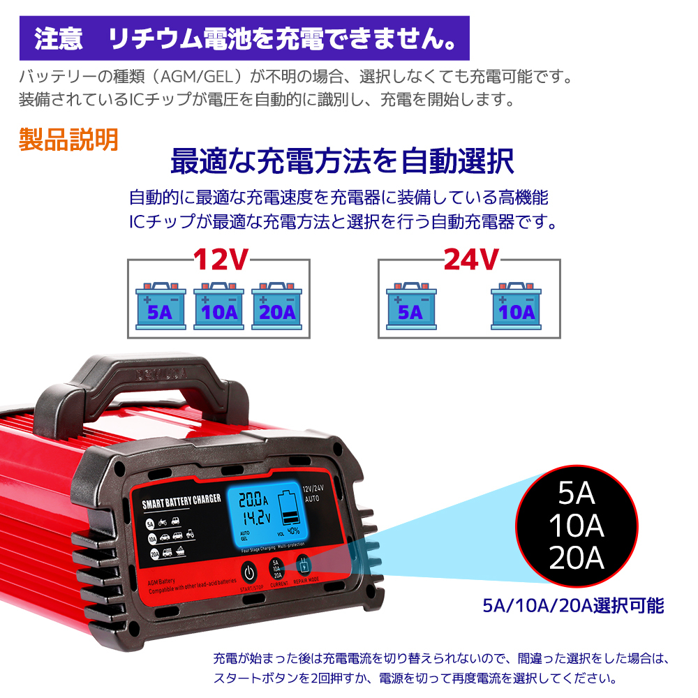 新品 パルス バッテリー充電器 20A 12V/24V対応 維持充電方式 全自動 電池充電器 バッテリーチャージャー AGM/GEL車充電可能 LVYAUN_画像5