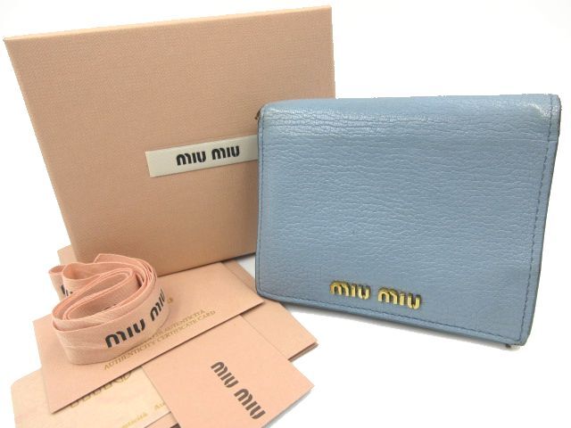 ◇ miumiu ミュウミュウ 二つ折り財布 マドラスカラー レザー ウォレット 5MV204 水色 ブルー×ゴールド金具 中古品 付属品付き_画像1