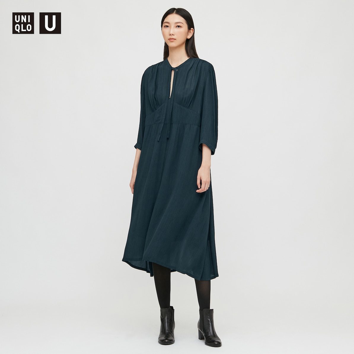 【ブラウン・M/L/XL・新品】ユニクロ×ルメール■Uniqlo U ユニクロユー ビスコースボウタイワンピース（7分袖）レーヨン リボン ベージュ_画像2