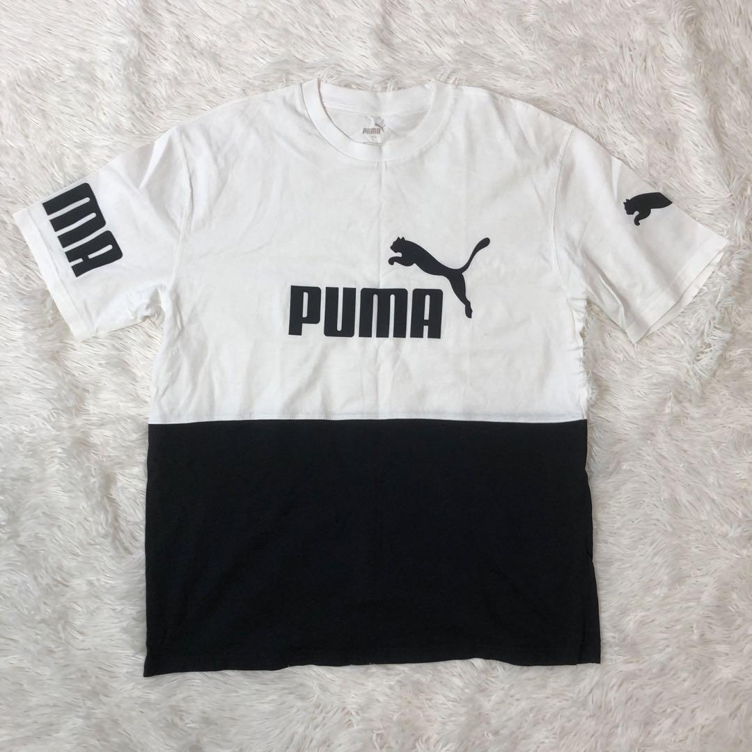 PUMA プーマ 半袖プリントTシャツ カットソー 切替 L フロントロゴ ブランドデザイン ブラック 黒色 ホワイト 白色 メンズ 男性