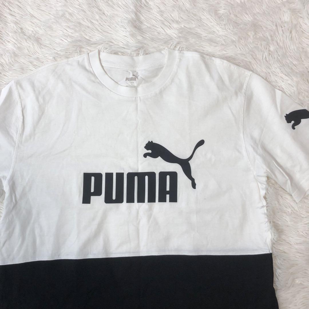 PUMA プーマ 半袖プリントTシャツ カットソー 切替 L フロントロゴ ブランドデザイン ブラック 黒色 ホワイト 白色 メンズ 男性