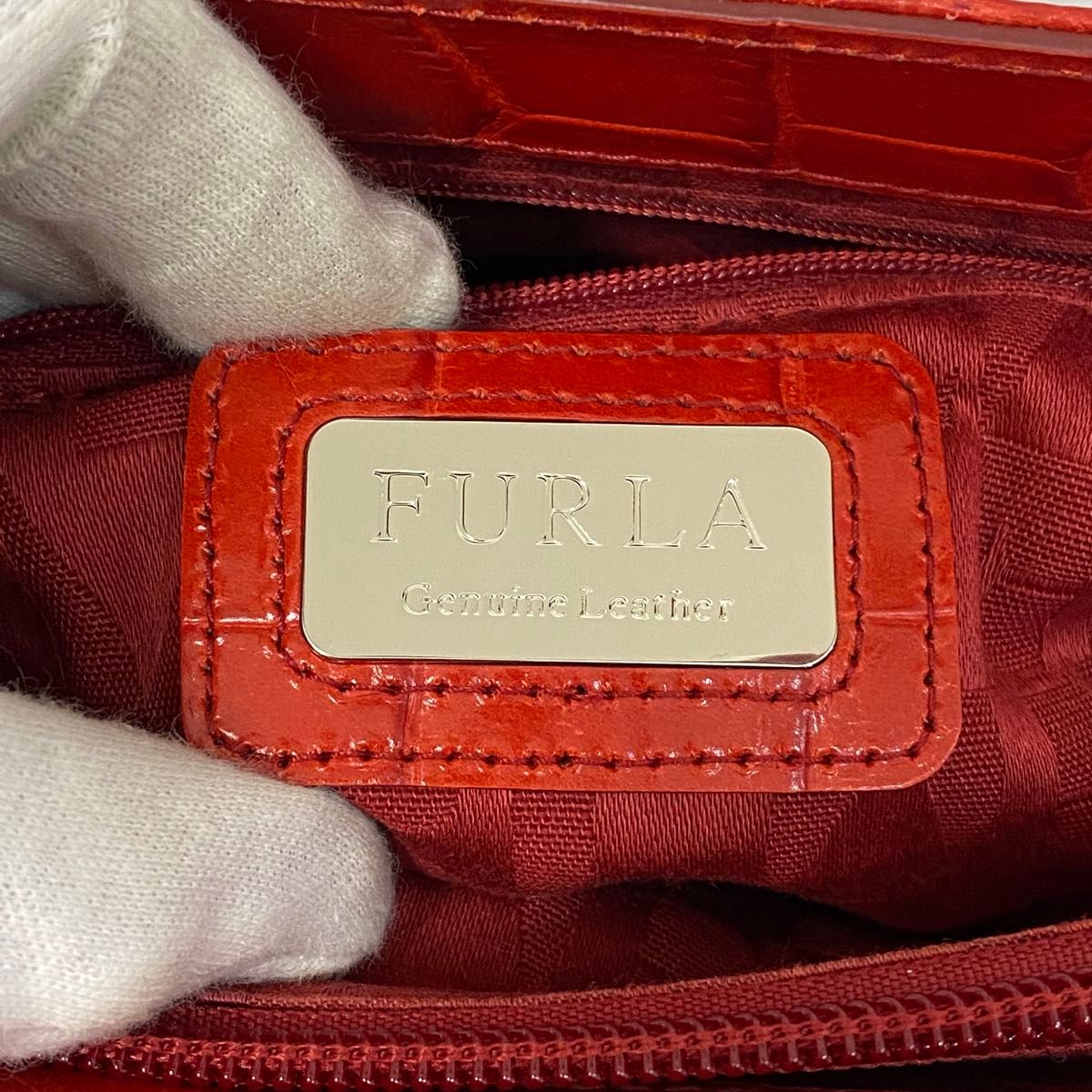 FURLA フルラ クロコ型押し レザー ハンドバッグ ショルダーバッグ 2WAY