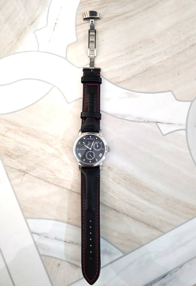 自動巻 名門時計メーカー「プリンス」 ブラック パワーリザーブ 裏スケ 自動巻き メンズ 腕時計 稼働品 PRINCE ベルト新品の画像8