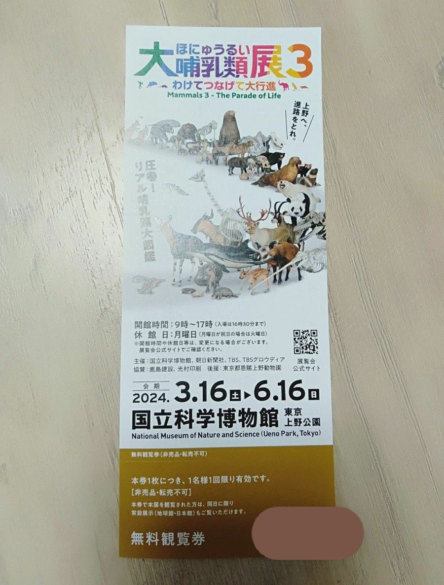 大哺乳類展3 観覧券　招待券　チケット　わけてつなげて大行進　3月16日から6月16日迄　国立科学博物館　東京上野公園　