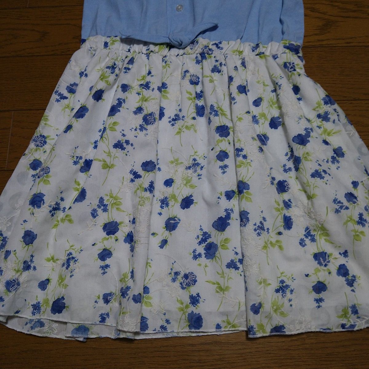 Party Pick 半袖 ドッキングワンピース シャツ 花柄スカート 140cm 150cm 水色 ブルー 花柄 白色刺繍