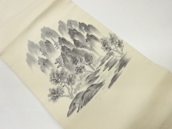 ys6947752; 宗sou 塩瀬手描き木々に寺院風景模様刺繍名古屋帯【着】
