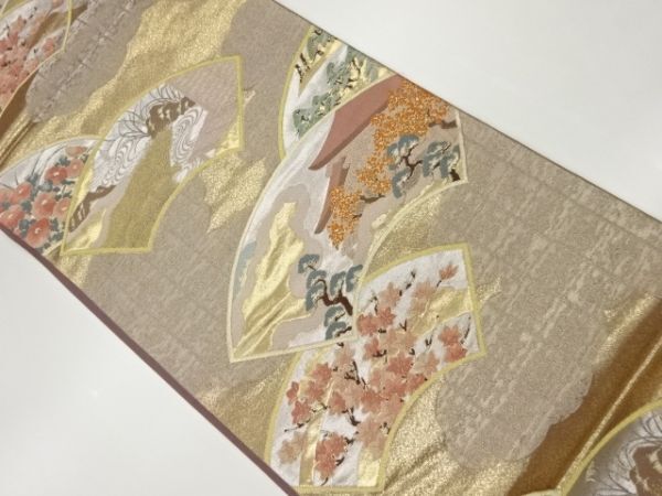 ys6950624; 宗sou 地紙に寺院・松・花々・流水模様織出し袋帯【着】_画像1