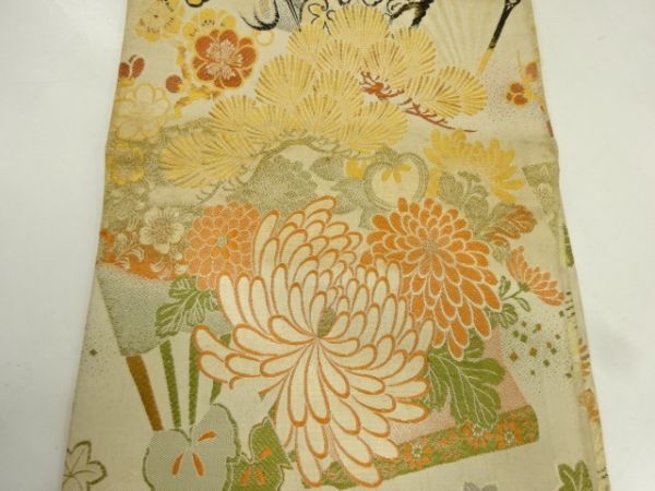 ys6952432; 宗sou 扇面に菊・鶴模様織出し丸帯（材料）【アンティーク】【着】_画像2