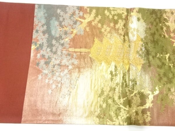 ys6956848; 宗sou 寺塔に樹木風景模様織出し袋帯【リサイクル】【着】_画像8