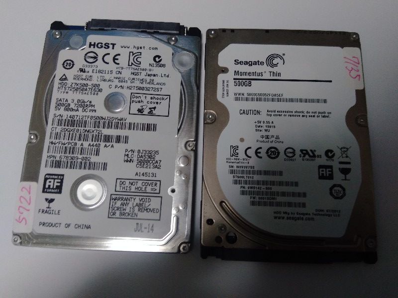 ▲ 5772時間 ＋ 7135時間　HGST＋Seagate　500gb HDD　2個セット ノート用 ／正常判定　送料無料_画像1