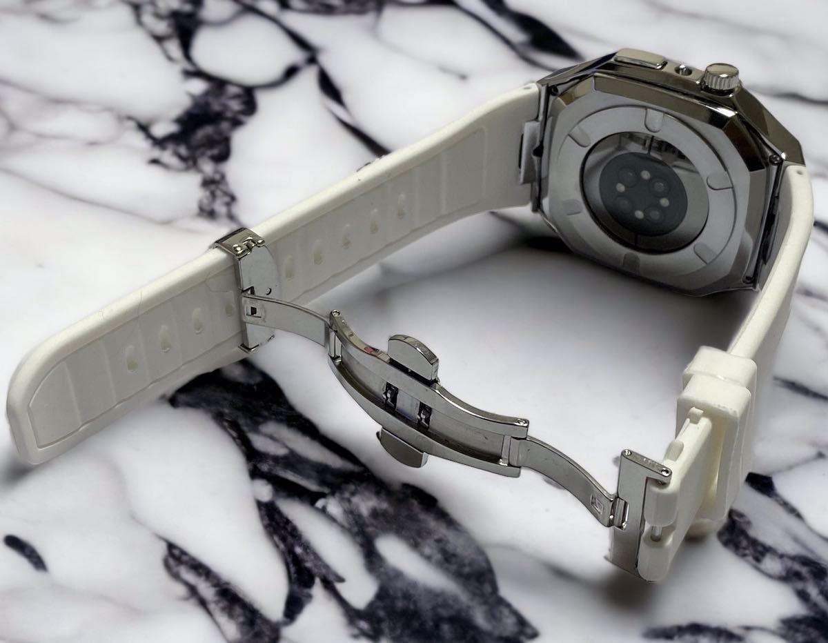 Apple Watchアップルウォッチ 44mm 45mm メタル ステンレス カスタム シルバー ラバーバンド ブレス メタルケース ゴールデンコンセプト風_画像4
