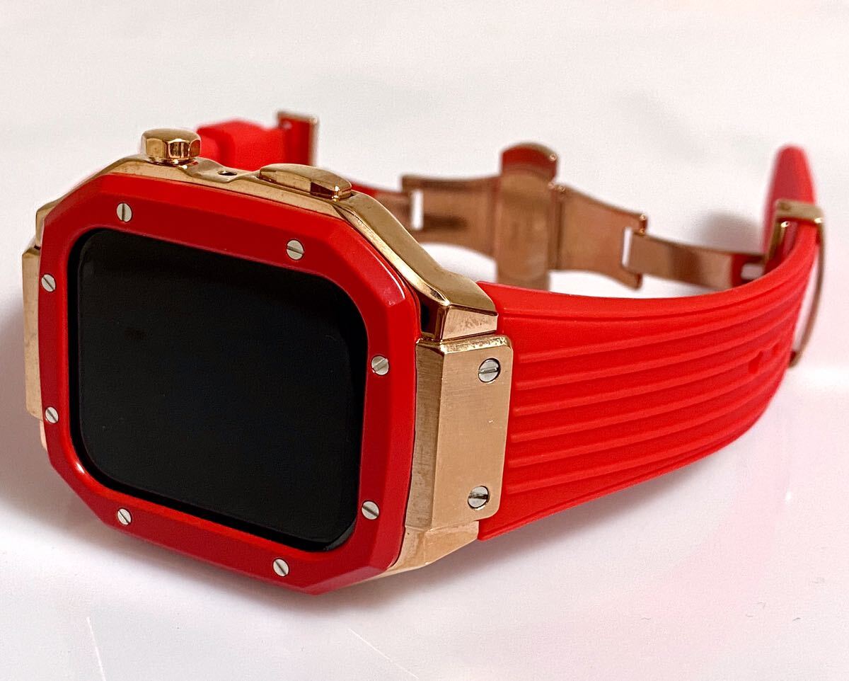 アップルウォッチカスタム　ケース＆バンド一体型　ラバーベルト　Apple Watch ゴールデンコンセプト(GoldenConcept)風カバー赤ローズ_画像6