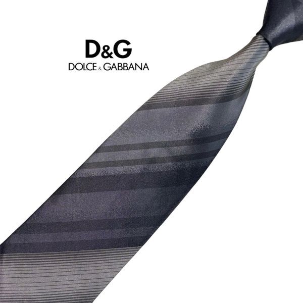 DOLCE&GABBANA 高級ネクタイ ストライプ柄 グレー系グラデーション ドルチェ&ガッバーナ D&G ITALY製 ネコポス可 USED t853_画像1