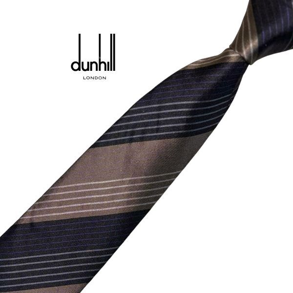 ★細め★ dunhill 高級ネクタイ ストライプ柄 ブラウン系 レジメンタル ダンヒル メンズ服飾小物 ネコポス可 USED 中古 t857_画像1