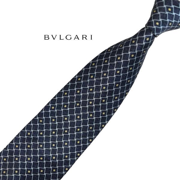 BVLGARI DAVID PIZZIGOM 高級ネクタイ セッテピエゲ パターン柄 ネイビー系 USED ブルガリ中古 ネコポス可 t908_画像1