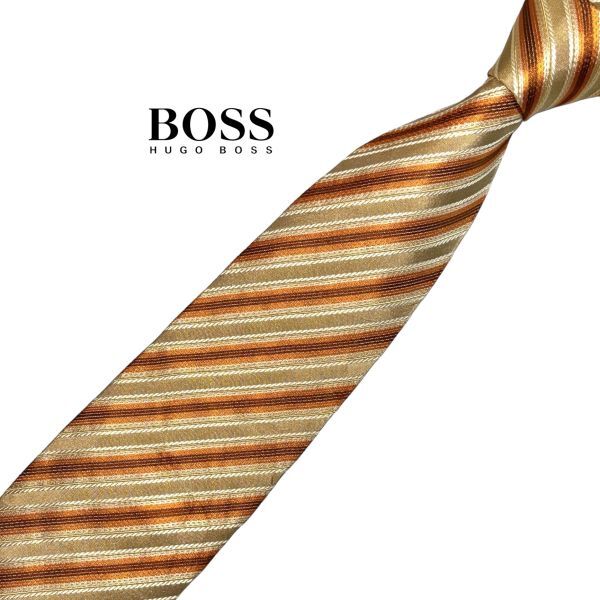 HUGO BOSS high class necktie stripe pattern reji men taru pattern beige group × orange series Hugo Boss USED men's clothing accessories used t929