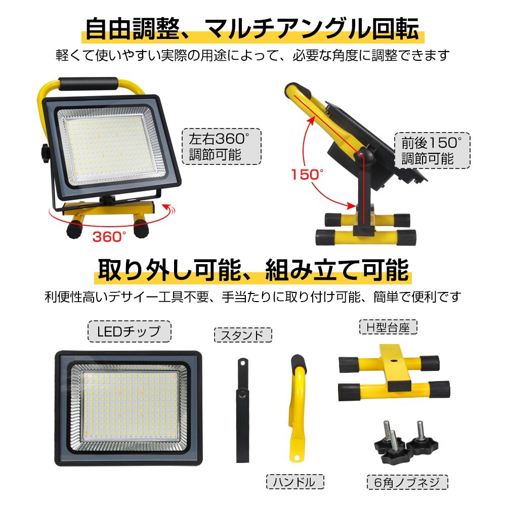 2個 送料無料 200W 充電式 ポータブル LED投光器 屋外 昼光色 6000K 広角 作業灯 206個素子搭載 最大13時間 USB充電式 1年保証 TKK-206_画像4