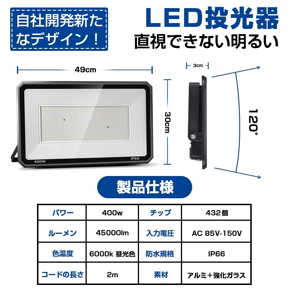 送料無料 2台 極薄型 LED投光器 400W 6400W相当 LED 作業灯 超高輝度 45000lm 昼光色6000k 省エネ 長寿命 IP66 防水 防塵 2M長コードlt-05bの画像3