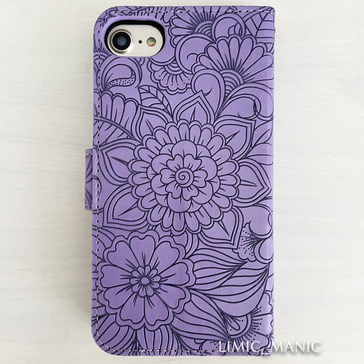 iPhone 6 6s 7 8 SE (第2世代/第3世代) SE2 SE3 ケース スマホ 手帳型 カードケース パープル 紫 紫色 花模様 エンボス加工 アイフォン_画像3
