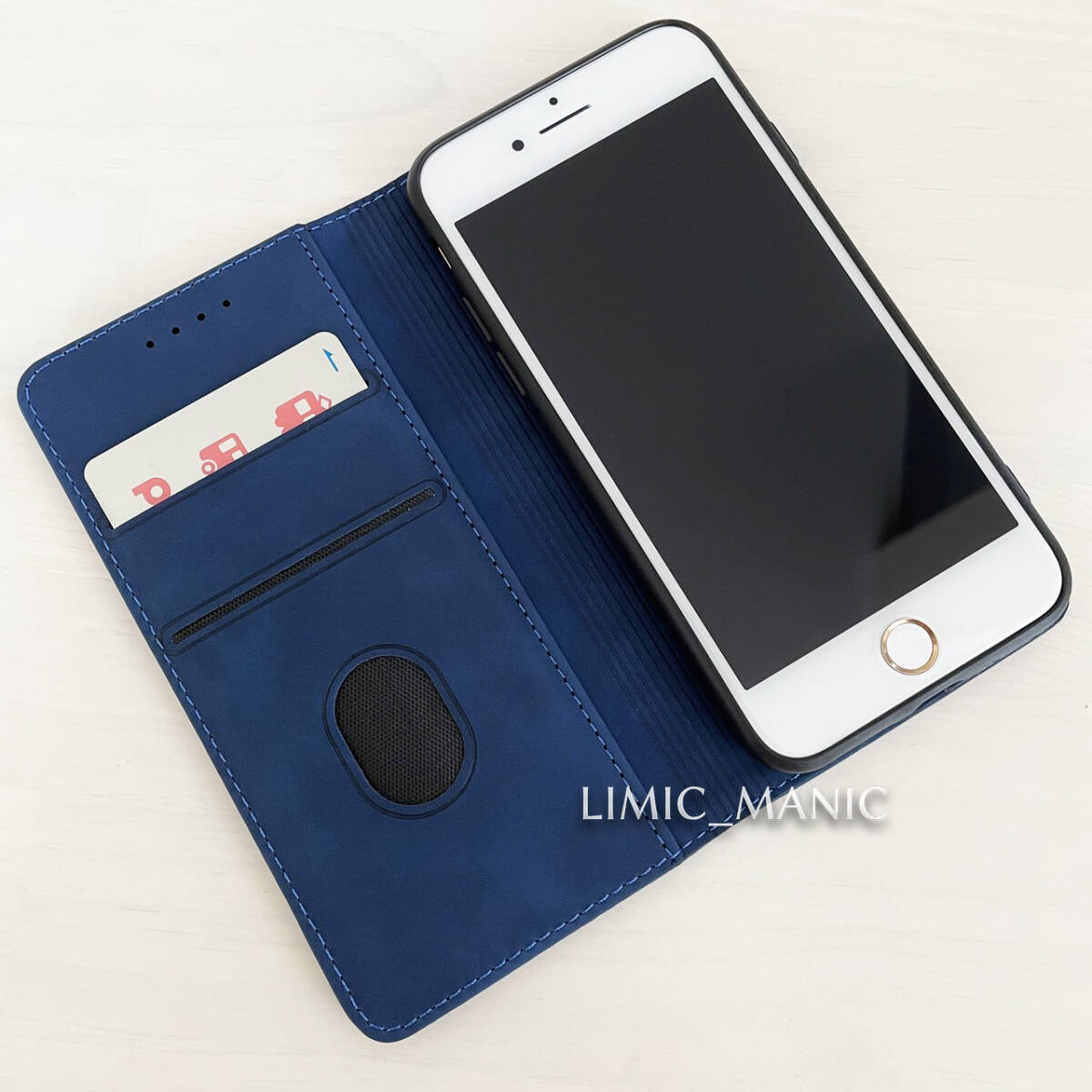訳あり iPhone 7 8 SE (第2世代/第3世代) SE2 SE3 ケース スマホケース 手帳型 スウェード調 ネイビー 紺 紺色 磁石 マグネット アイフォンの画像5