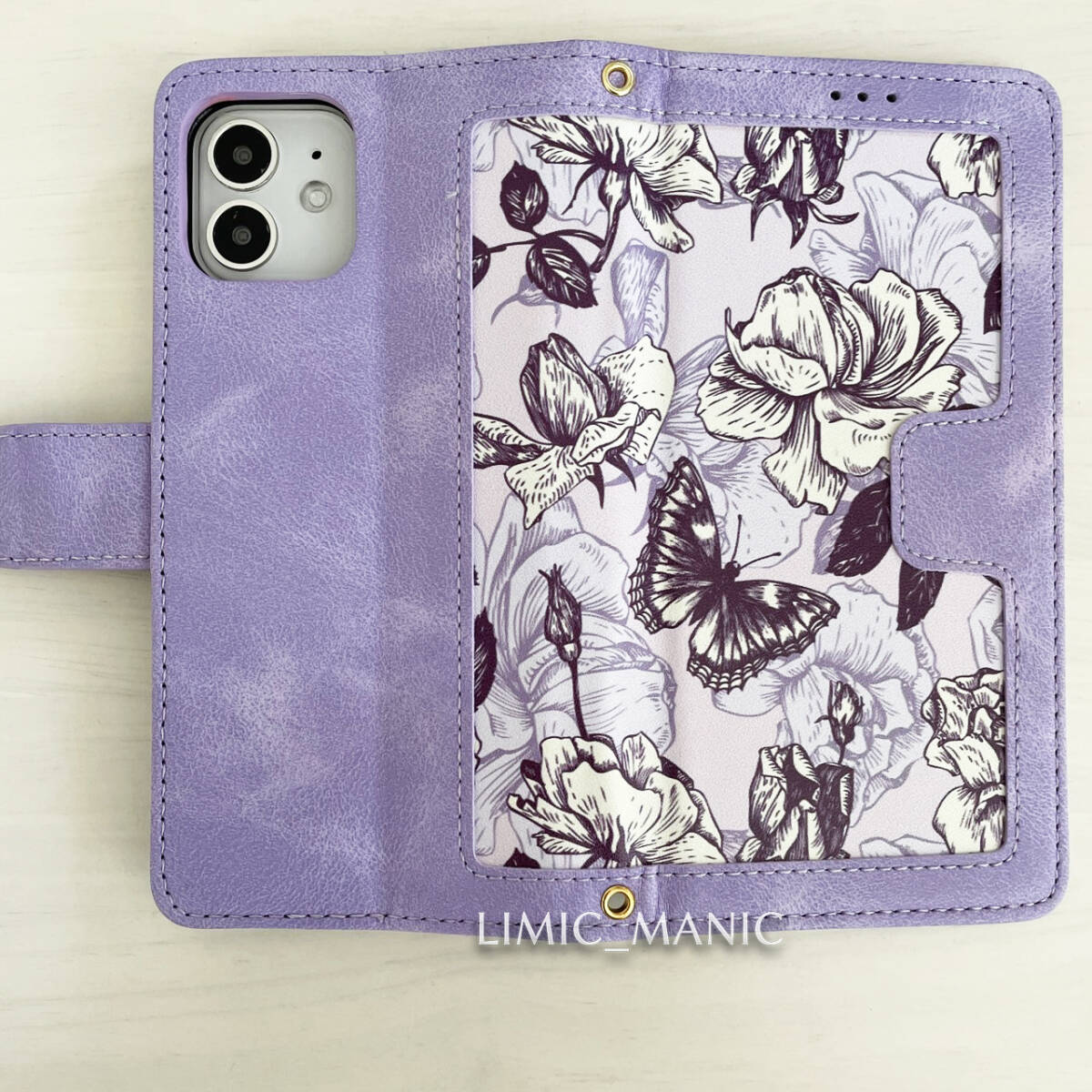 訳あり iPhone 12 / 12 Pro スマホ ケース 手帳型 レザー調 ショルダー 肩掛け 紐付き パープル 紫 紫色 花柄 フラワーの画像6