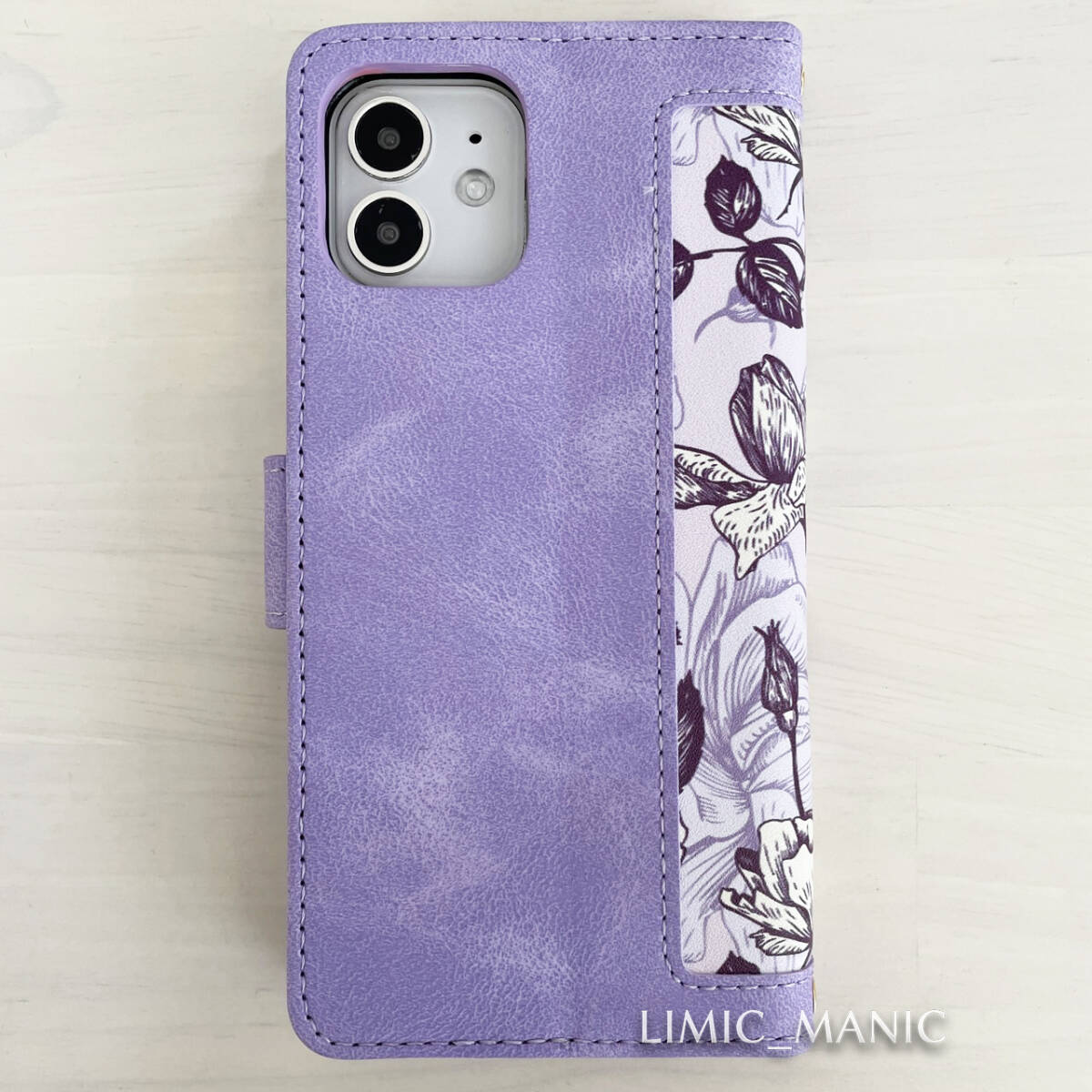 訳あり iPhone 12 / 12 Pro スマホ ケース 手帳型 レザー調 ショルダー 肩掛け 紐付き パープル 紫 紫色 花柄 フラワーの画像3