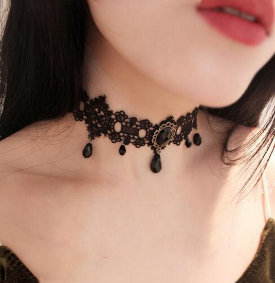  チョーカー ネックレス レース 黒色 ブラック ストーン レディース ゴスロリ パーティー Choker 首輪の画像1