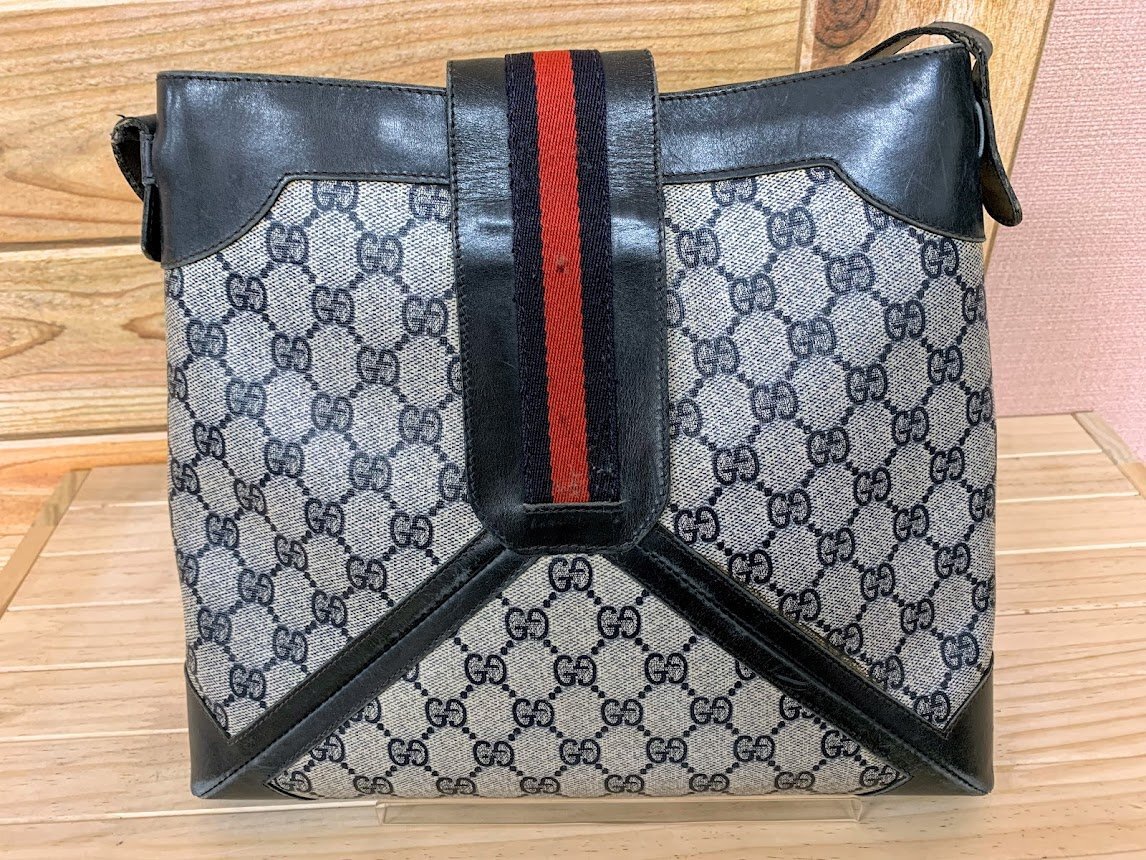 ■GUCCI　オールドグッチ シェリーライン ワンショルダーバッグ PVC×レザー グレー×ブラック_画像4