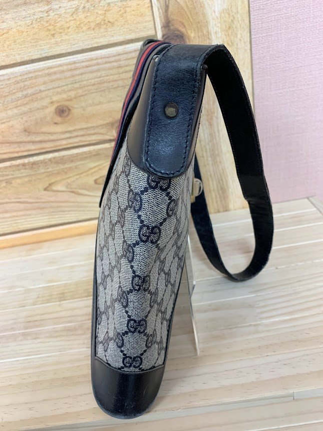 ■GUCCI　オールドグッチ シェリーライン ワンショルダーバッグ PVC×レザー グレー×ブラック_画像5