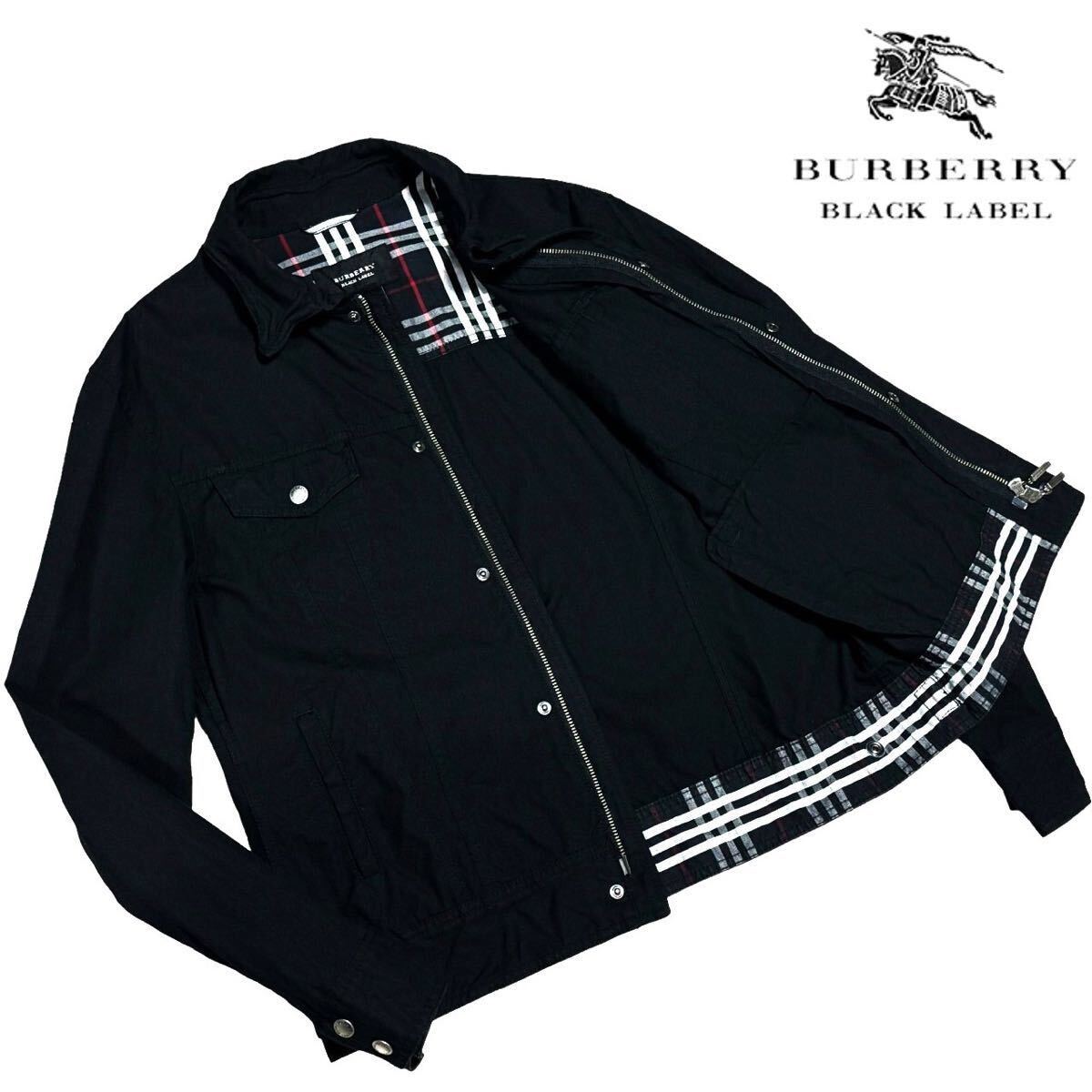 極美品 バーバリーブラックレーベル ホース刺繍 ノバチェック 加工 襟ワイヤー トラッカージャケット L 黒 ブルゾン BURBERRY BLACK LABELの画像2