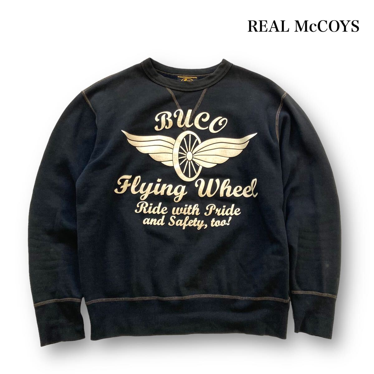 【THE REAL McCOYS】リアルマッコイズ BUCO ブコ スウェットトレーナー フライングホイールプリント 黒 ブラック Vガゼット デカロゴ 古着_画像1