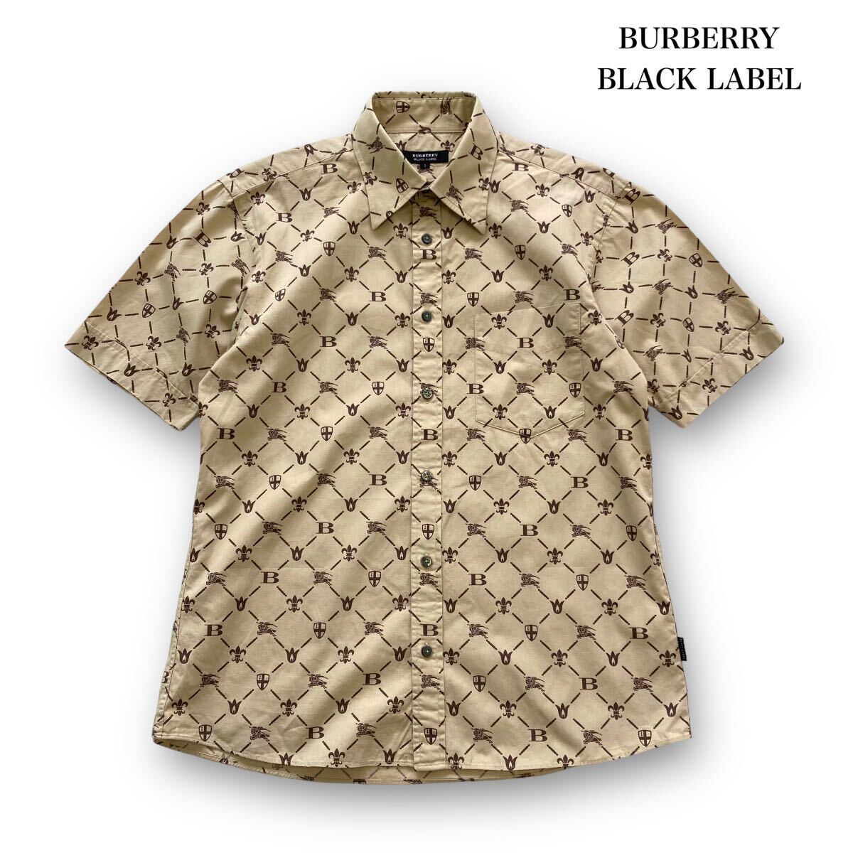 【BURBERRY BLACK LABEL】バーバリーブラックレーベル モノグラム総柄半袖シャツ ホースロゴ ナイトマーク ベージュ ボタンダウン 三陽商会