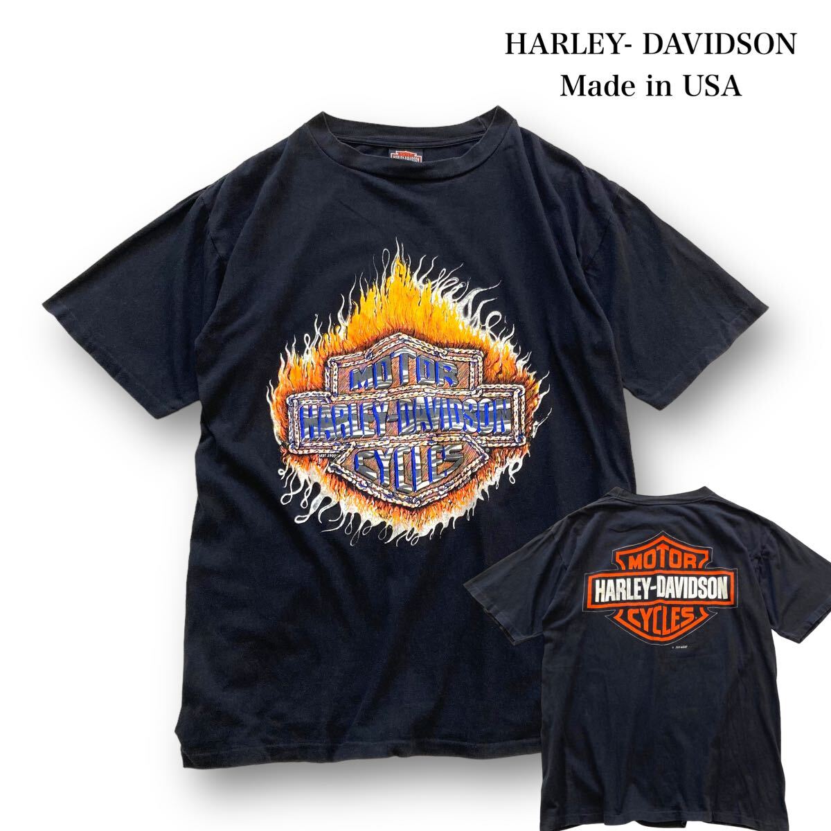【HARLEY -DAVIDSON】90s ハーレーダビットソン USA製 シングルステッチ Tシャツ 半袖 古着 ヴィンテージファイヤーパターン 黒 ブラック