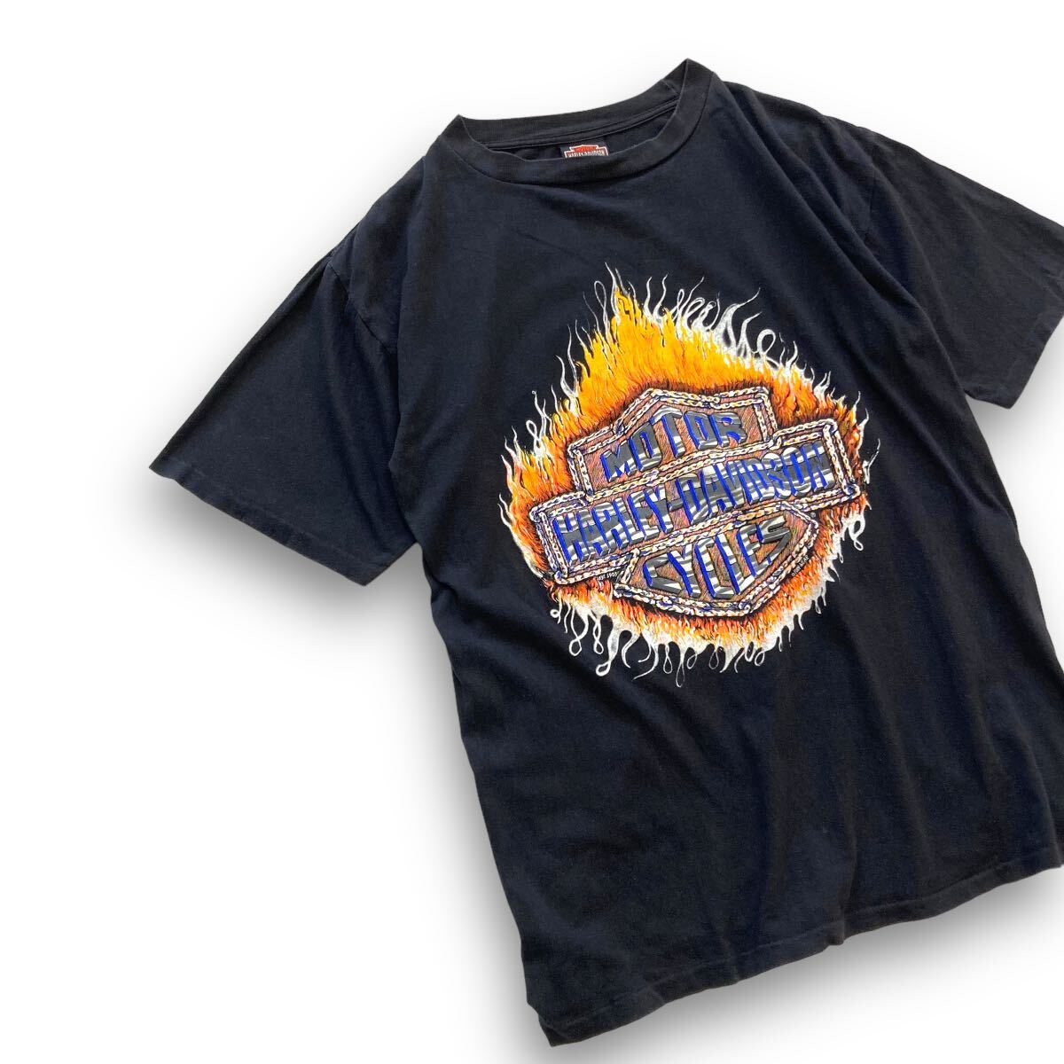 【HARLEY -DAVIDSON】90s ハーレーダビットソン USA製 シングルステッチ Tシャツ 半袖 古着 ヴィンテージファイヤーパターン 黒 ブラック