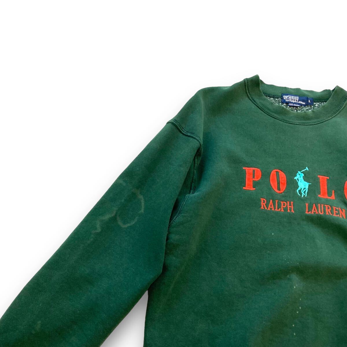 【POLO RALPH LAUREN】90s ポロラルフローレン USA製 スウェットトレーナー 刺繍 古着 90年代 アメリカ製 ヴィンテージ デカロゴ グリーン