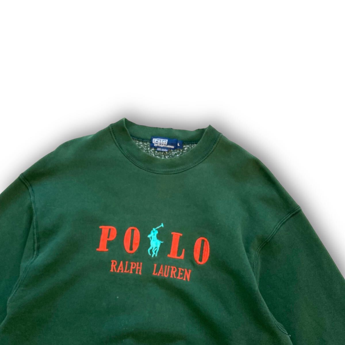 【POLO RALPH LAUREN】90s ポロラルフローレン USA製 スウェットトレーナー 刺繍 古着 90年代 アメリカ製 ヴィンテージ デカロゴ グリーン