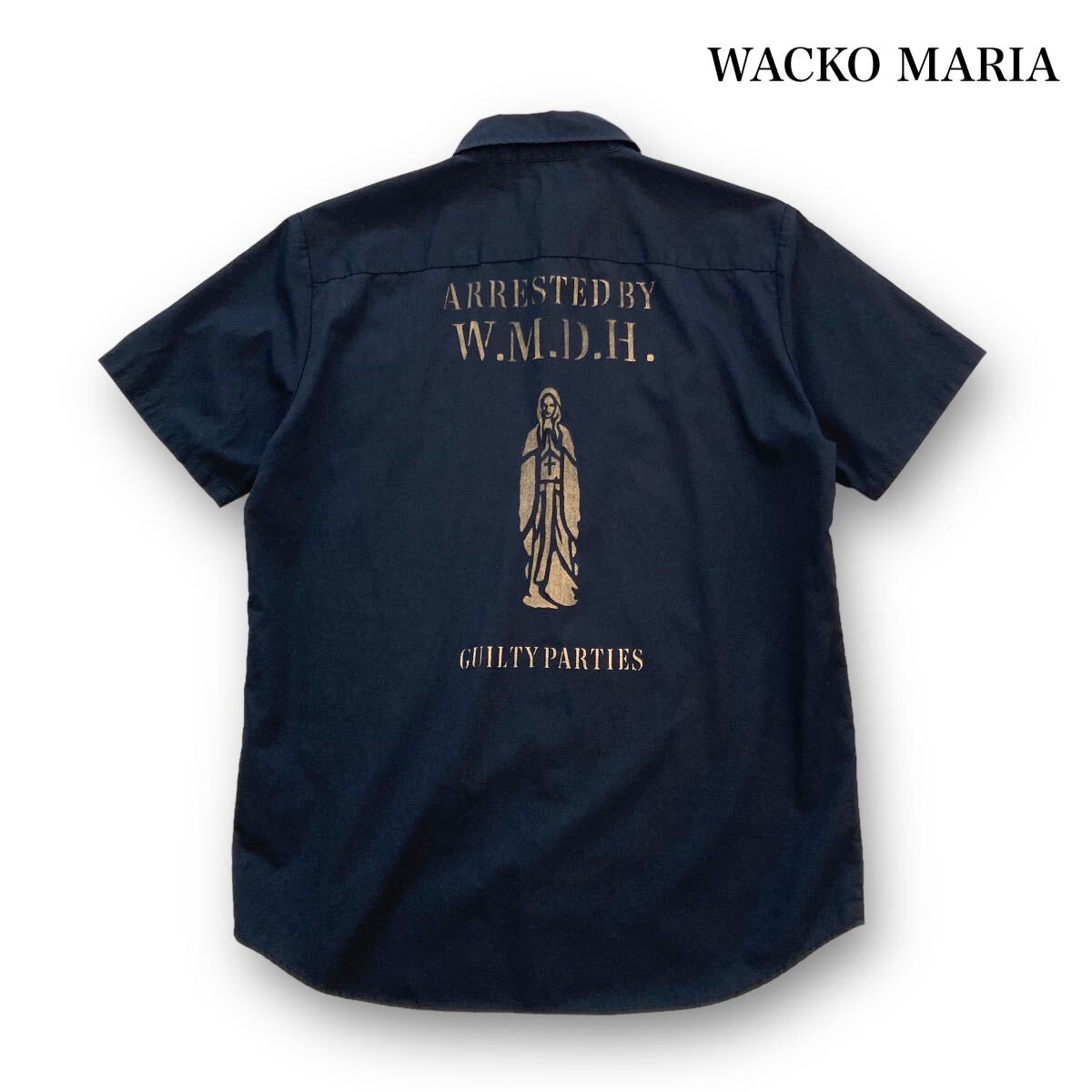 【WACKO MARIA】ワコマリア マリアプリント 半袖ワークシャツ ワッペン ステンシルプリント 日本製 黒 ブラック ボタンダウンシャツ (M)_画像1