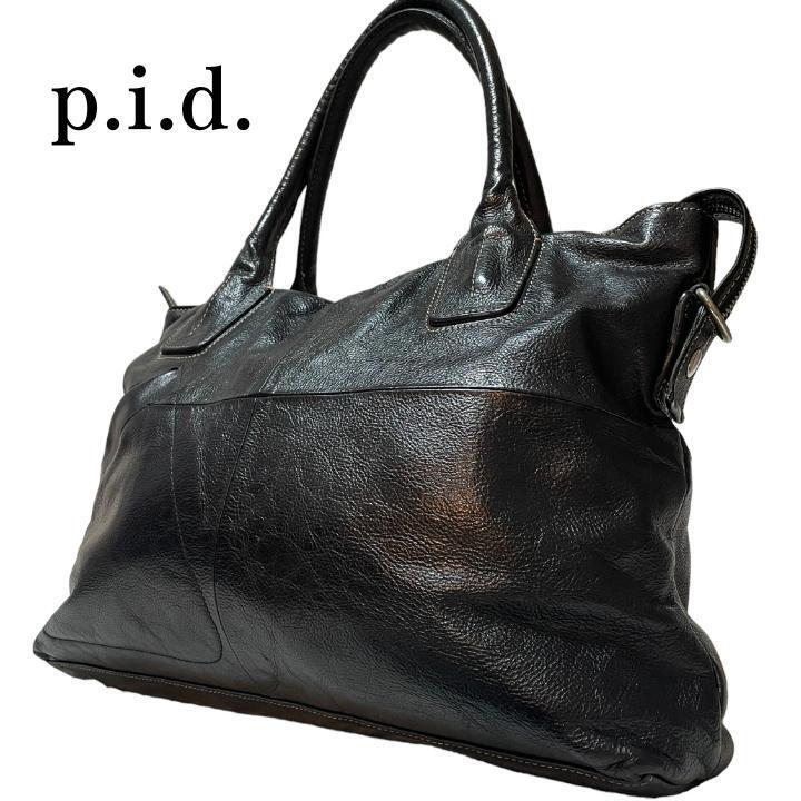 【美品】p.i.d ピーアイディー レザー トートバッグ A4可 pid 黒 PID 肩掛け A4収納可能 大容量 ビジネスバッグ オールレザー ブラック